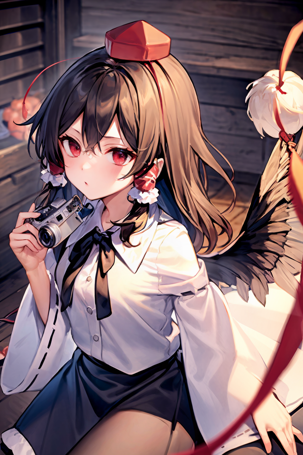 01684-3077325559-masterpiece, best quality,   _lora_reimu_0.8_,  _lora_shameimaru_0.8_,brown hair,long hair,hair tubes,hair bow,hat,white shirt,b.png